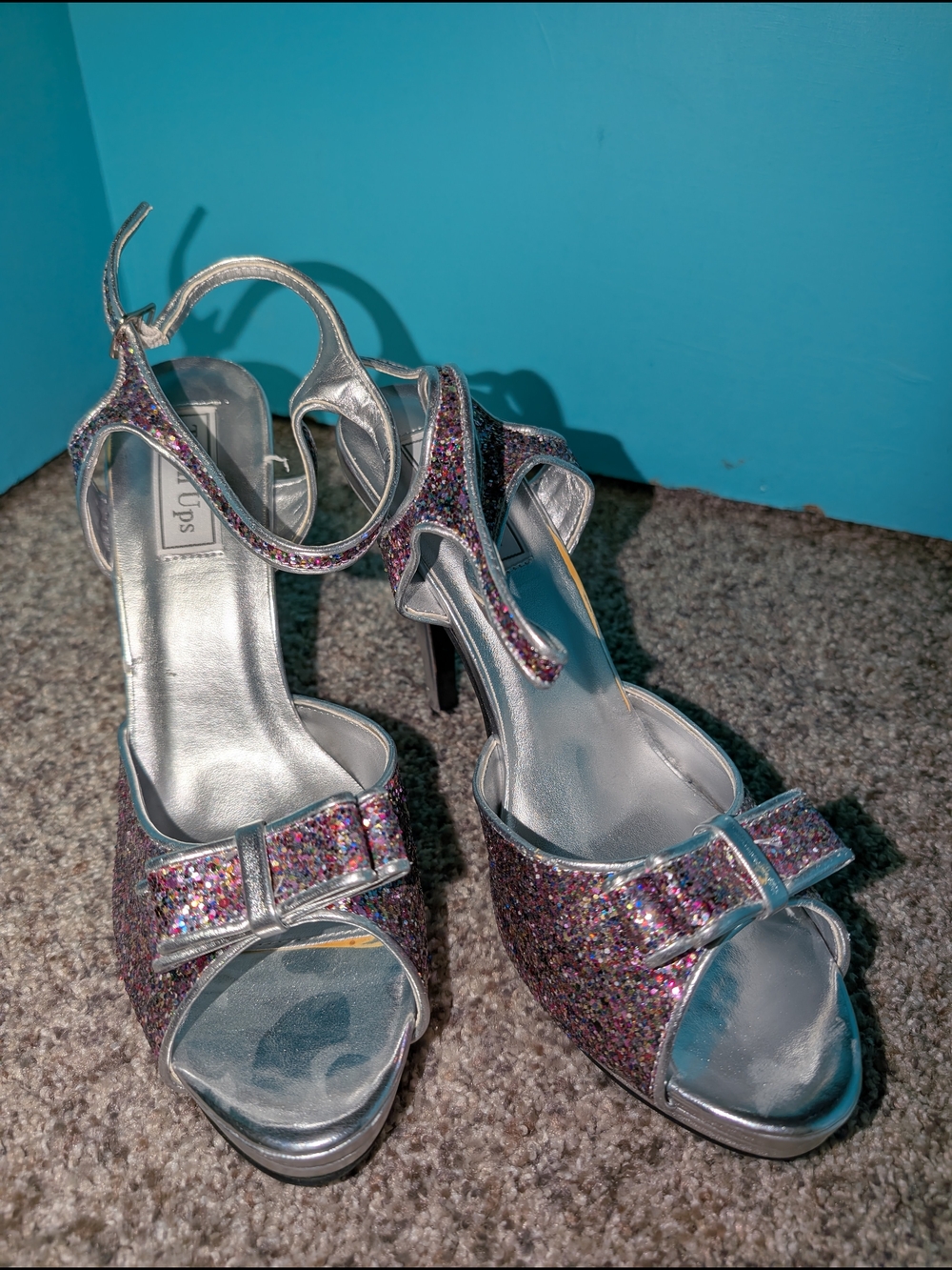 Touch Ups Silver Multi Glitter Peep-Toe Heels with Bow